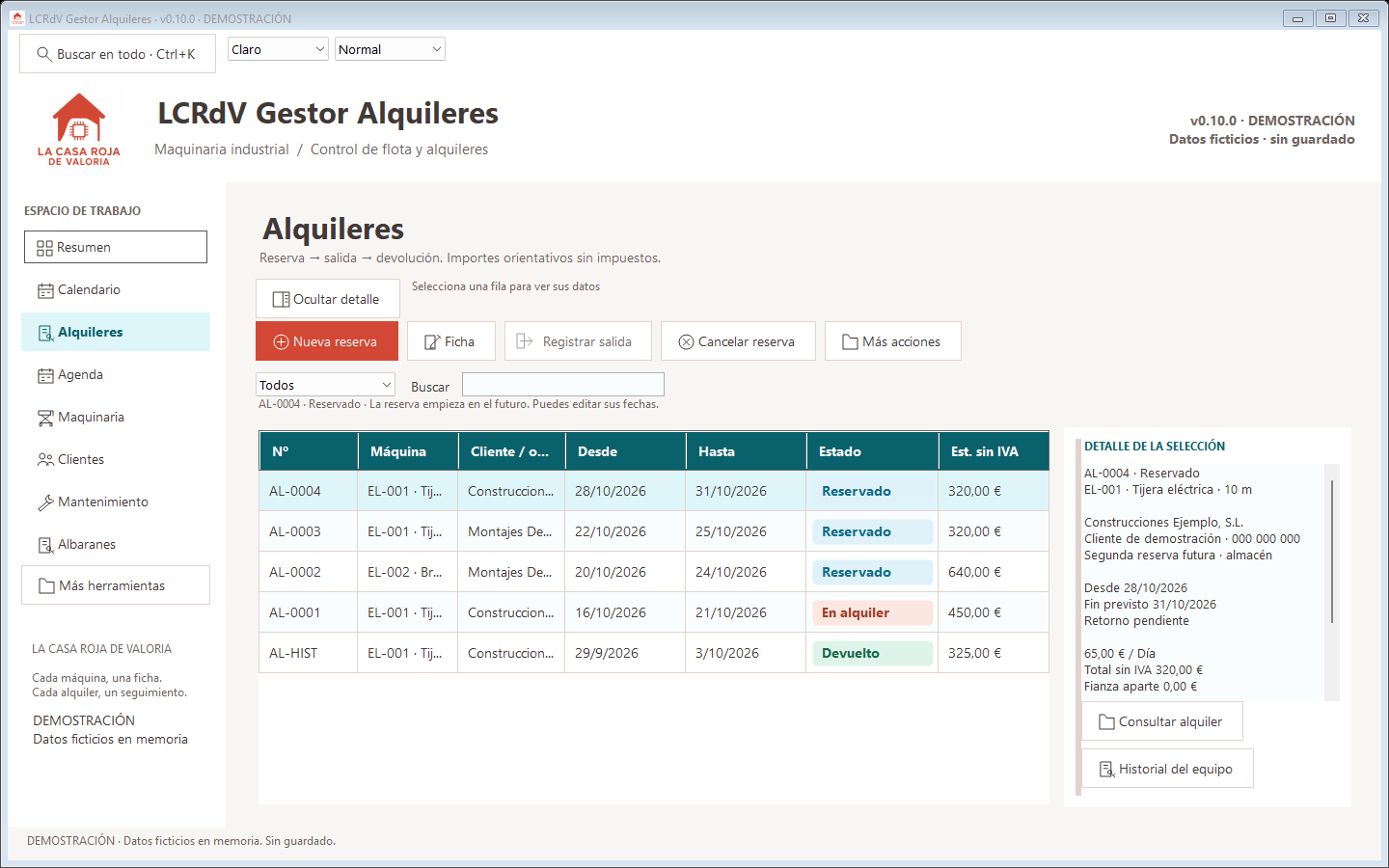 Gestor de Alquileres con reservas de maquinaria y clientes ficticios