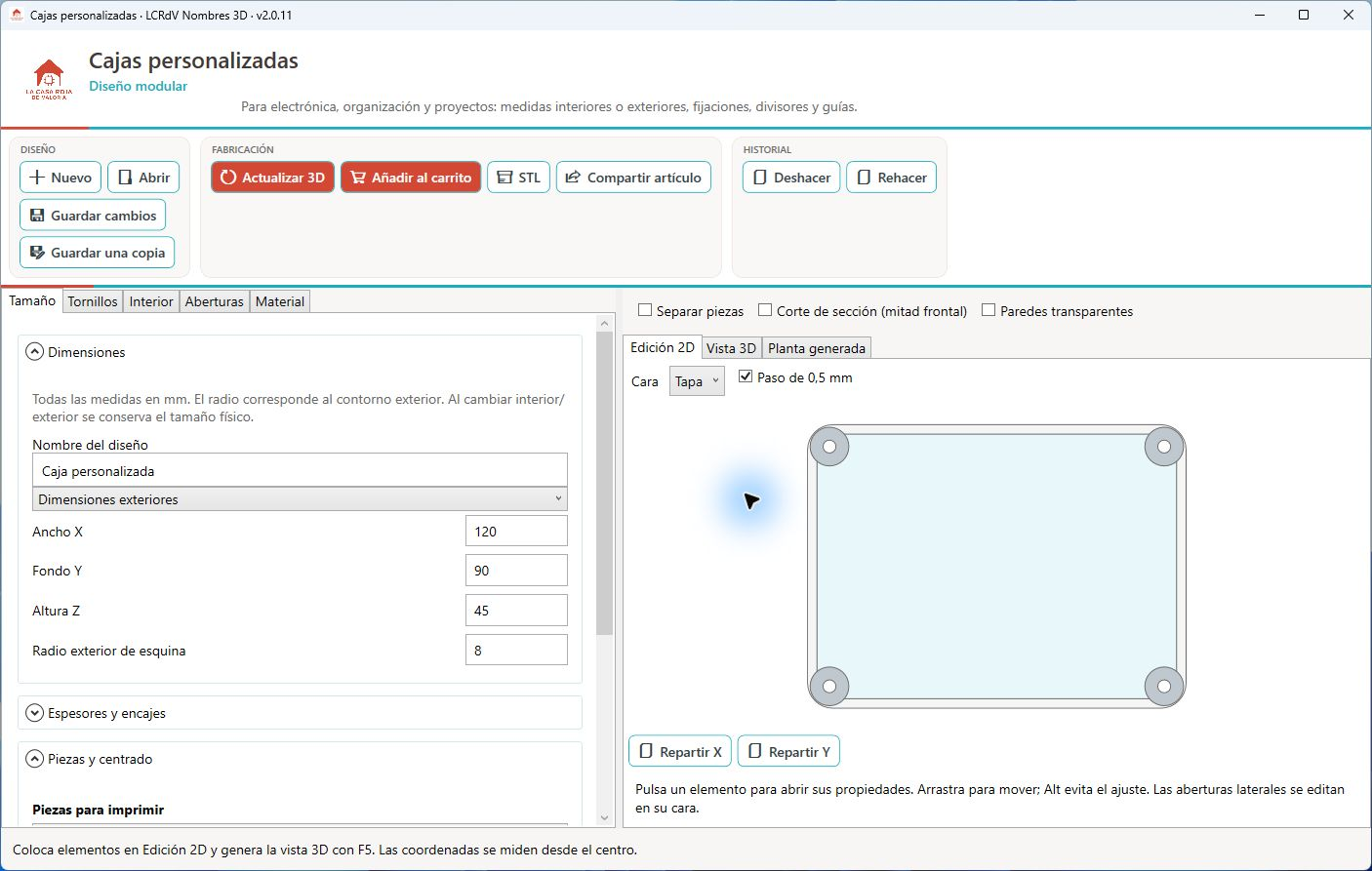 Editor de caja personalizada con dimensiones y fijaciones