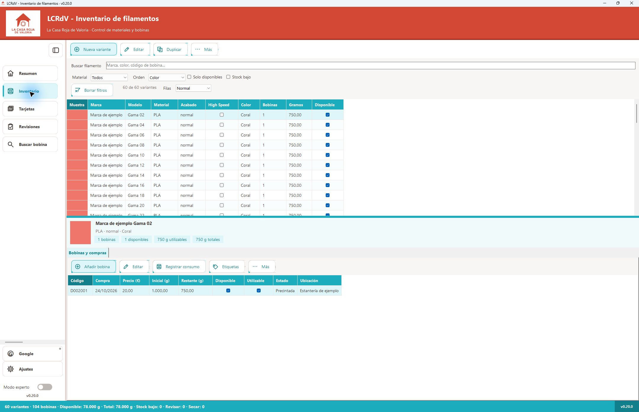 Inventario de Filamentos mostrando variantes y bobinas con datos ficticios