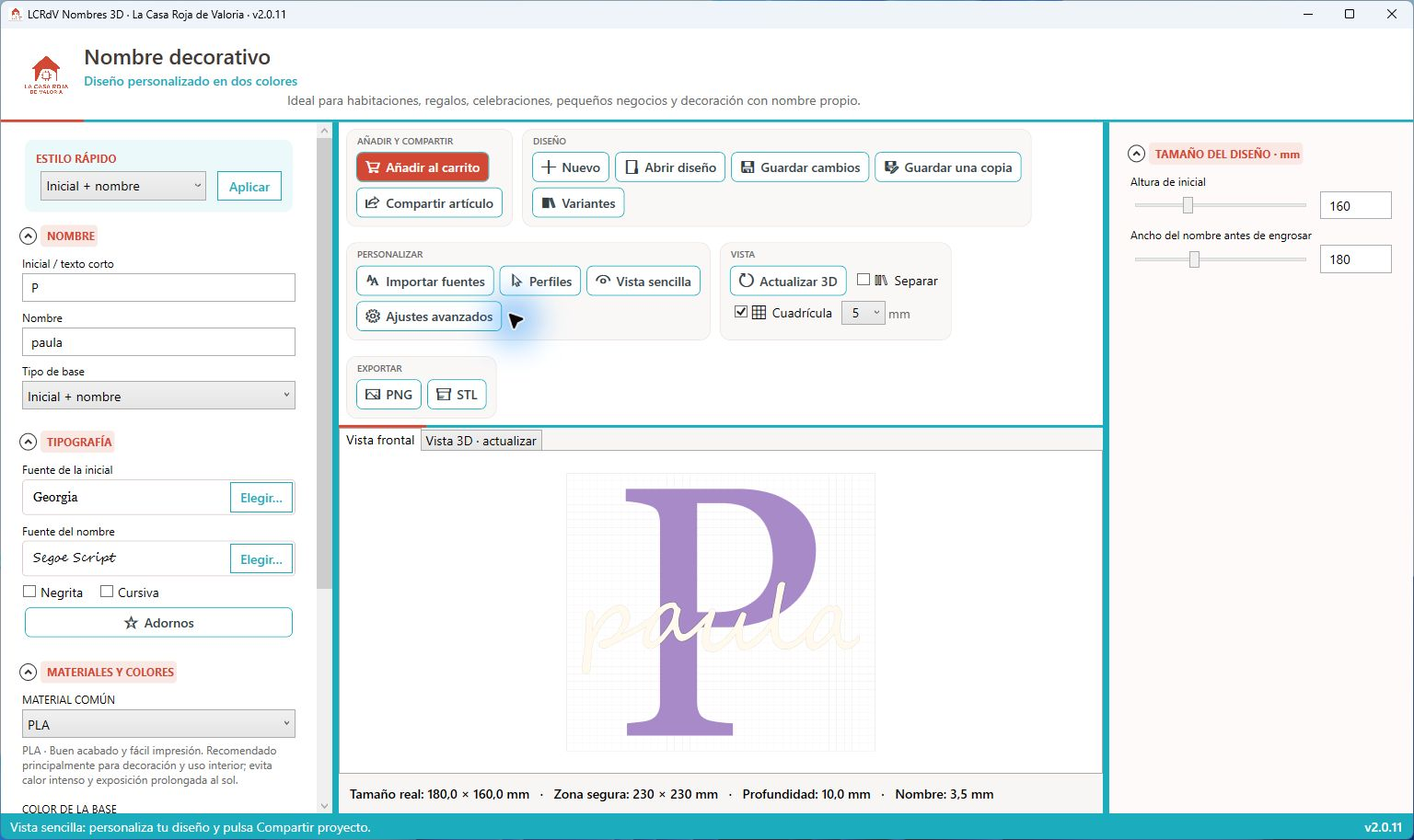 Aplicación Nombres 3D con un nombre decorativo de demostración